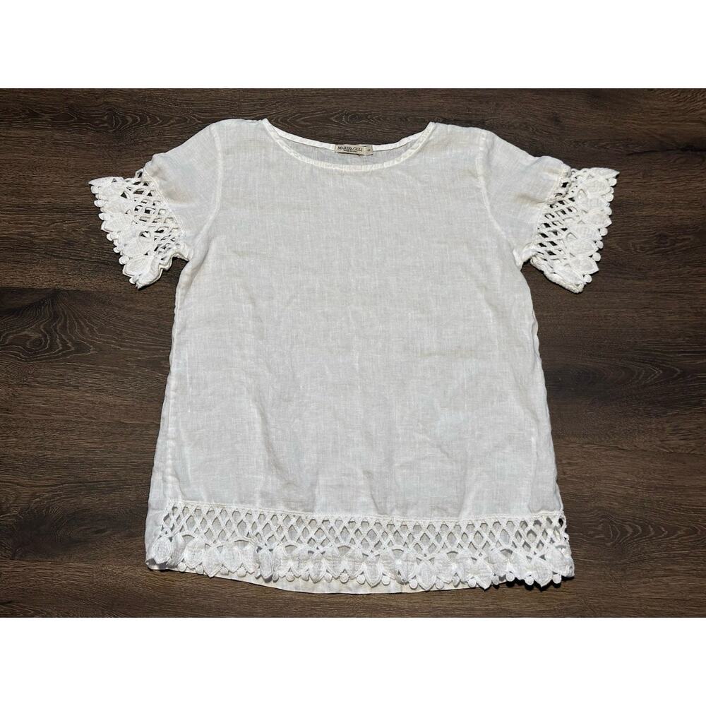 Marina Gigli Top Small White Linen Lace Trim Blouse Lagenlook Beach Resort - Picture 3 of 8